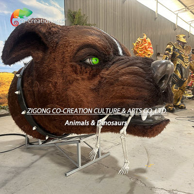 Animatronic Skeletal Dog Head Statue: Smoke-Spraying Mechanism & Glowing Green Eye Display