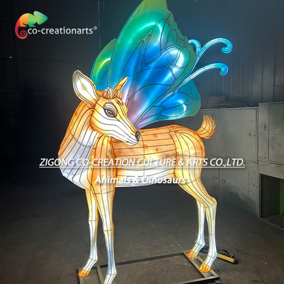 Grand Enchanted Deer Festival Lantern With Vibrant Blue-Green Butterfly Wings | Chinese Artistry