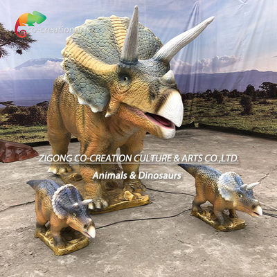 Realistic Animatronic Triceratops Trio: Roaring Group With Dynamic Motion & Prehistoric Display